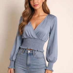 Express V-Neck Long Sleeve Smocked Waist Crop Top Blouse Womens Size Medium